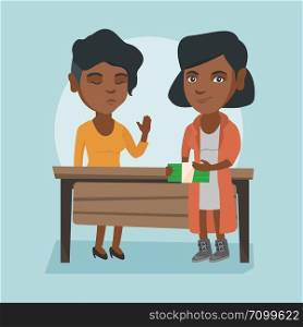 Young african business woman giving a bribe to an executive. Not corrupted executive refusing to take a bribe. Honest executive rejecting to take a bribe. Vector cartoon illustration. Square layout.. Not corrupted executive refusing to take a bribe.