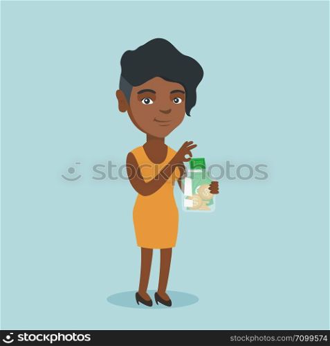 Young african business woman holding a glass jar with money. Business woman saving money in a glass jar. Business woman putting money into a glass jar. Vector cartoon illustration. Square layout.. African woman putting dollar into a glass jar.