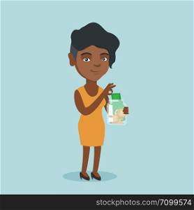 Young african business woman holding a glass jar with money. Business woman saving money in a glass jar. Business woman putting money into a glass jar. Vector cartoon illustration. Square layout.. African woman putting dollar into a glass jar.