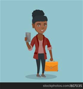 Young african business woman holding a mobile phone. Full length of business woman making selfie with a mobile phone. Business woman using a mobile phone. Vector cartoon illustration. Square layout.. African business woman holding a mobile phone.