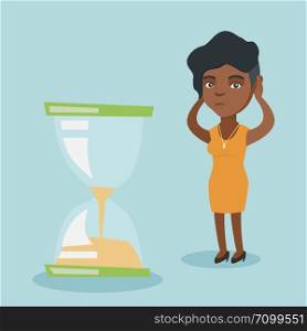 Young african business woman looking at hourglass symbolizing deadline. Business woman worrying about deadline terms. Time management and deadline concept. Vector cartoon illustration. Square layout.. Desperate business woman looking at hourglass.