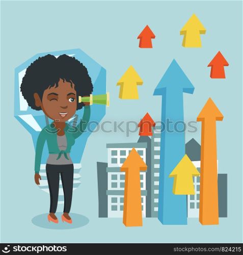 Young african business woman looking through spyglass at arrows going up and idea bulb. Business woman looking for creative idea. Business idea concept. Vector cartoon illustration. Square layout.. Woman looking through spyglass on raising arrows.