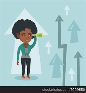 Young african business woman looking through spyglass on arrows going up symbolizing business opportunities. Business vision and opportunities concept. Vector cartoon illustration. Square layout.. Woman looking through spyglass on raising arrows.