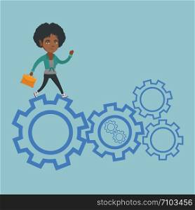 Young african business woman running on cogwheels. Business woman running to success. Business woman running in a hurry. Concept of moving to success. Vector cartoon illustration. Square layout.. Young african business woman running on cogwheels.