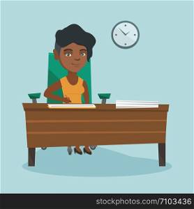 Young african business woman signing a contract. Woman is about to sign a business contract. Confirmation of transaction by signing of business contract. Vector cartoon illustration. Square layout.. Young african business woman signing documents.