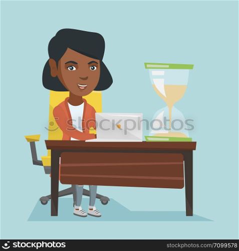 Young african business woman sitting at the table with hourglass symbolizing deadline. Business woman coping with deadline successfully. Deadline concept. Vector cartoon illustration. Square layout.. Young african business woman working in office.