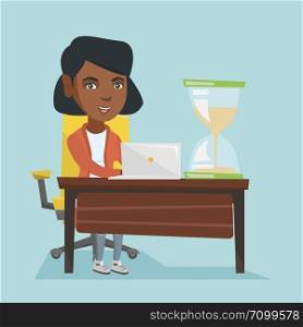 Young african business woman sitting at the table with hourglass symbolizing deadline. Business woman coping with deadline successfully. Deadline concept. Vector cartoon illustration. Square layout.. Young african business woman working in office.