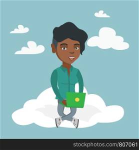 Young african business woman sitting on the cloud and working on a laptop. Business woman using cloud computing technologies. Concept of cloud computing. Vector cartoon illustration. Square layout.. African woman using cloud computing technologies.