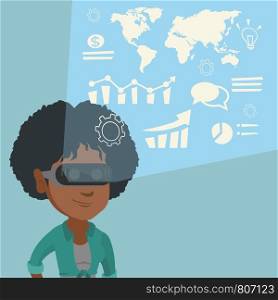 Young african business woman wearing virtual reality headset and looking at digital display with business graphs. Business woman analyzing virtual data. Vector cartoon illustration. Square layout.. Young woman in vr headset analyzing virtual data.