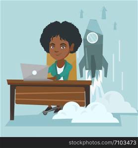 Young african business woman working on a laptop on a new business start up while rocket taking off behind her back. Business start up, innovation concept. Vector cartoon illustration. Square layout.. Woman working on a laptop on a business start up.