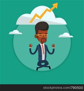 Young african businessman doing yoga in lotus pose and thinking about the growth graph. Businessman meditating in yoga lotus pose. Vector flat design illustration in the circle isolated on background.. Peaceful businessman doing yoga.