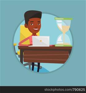 Young african businessman sitting at the table with hourglass symbolizing deadline. Businessman coping with deadline successfully. Vector flat design illustration in the circle isolated on background.. Businessman working in office vector illustration.
