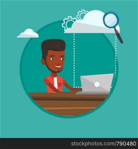 Young african businessman using cloud computing technologies. Businessman working on laptop under cloud. Cloud computing concept. Vector flat design illustration in the circle isolated on background.. Cloud computing technology vector illustration.