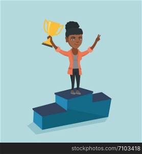 Young african businesswoman standing on the pedestal with business award. Cheerful business woman celebrating her business award. Business award concept. Vector cartoon illustration. Square layout.. Woman standing on a pedestal with business award.