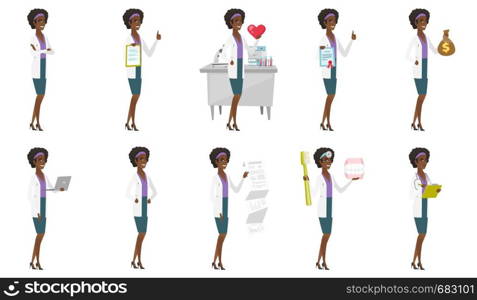 Young african confident doctor with folded arms. Full length of doctor with folded arms standing in a pose signifying confidence. Set of vector flat design illustrations isolated on white background.. Vector set of doctor characters.