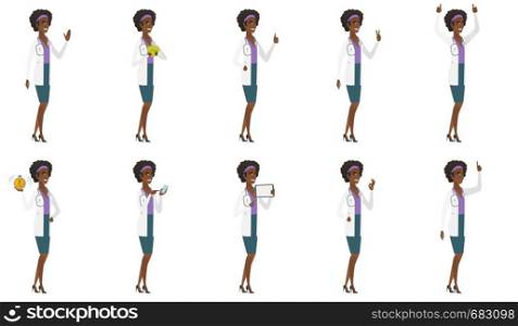 Young african doctor in medical gown waving hand. Full length of doctor waving hand. Doctor making greeting gesture - waving hand. Set of vector flat design illustrations isolated on white background.. Vector set of doctor characters.