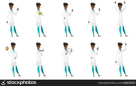 Young african doctor in medical gown with open mouth pointing finger up. Full length of doctor with open mouth came up with idea. Set of vector flat design illustrations isolated on white background.. Vector set of doctor characters.