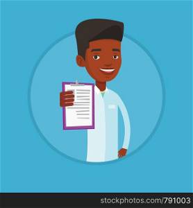 Young african doctor showing patient records. Doctor showing clipboard with prescription. Doctor in medical gown holding clipboard. Vector flat design illustration in the circle isolated on background. Doctor with clipboard vector illustration.