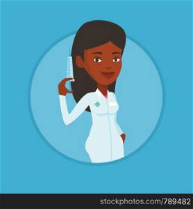 Young african doctor standing with syringe. Doctor holding medical injection syringe. Doctor holding syringe ready for injection. Vector flat design illustration in the circle isolated on background.. Doctor holding syringe vector illustration.