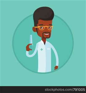 Young african doctor standing with syringe. Doctor holding medical injection syringe. Doctor holding syringe ready for injection. Vector flat design illustration in the circle isolated on background.. Doctor holding syringe vector illustration.
