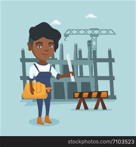 Young african engineer standing at construction site with blueprint. Engineer holding hard hat and twisted blueprint. Engineer checking construction works. Vector cartoon illustration. Square layout. African engineer holding hard hat and blueprint.
