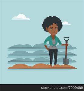 Young african farmer standing with a shovel on the background of plowed field. Farmer working in field with a shovel. Farmer plowing field with a shovel. Vector cartoon illustration. Square layout.. African farmer standing in a field with a shovel.