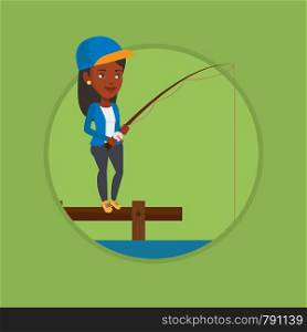Young african fisherwoman fishing on the lake. Woman relaxing during fishing on jetty. Angler standing on jetty with fishing rod. Vector flat design illustration in the circle isolated on background.. Woman fishing on jetty vector illustration.