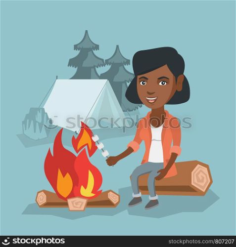 Young african girl roasting marshmallows over campfire on the background of camping site with a tent. Girl sitting near campfire and roasting marshmallows. Vector cartoon illustration. Square layout.. African girl roasting marshmallow over campfire.