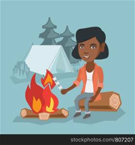 Young african girl roasting marshmallows over campfire on the background of camping site with a tent. Girl sitting near campfire and roasting marshmallows. Vector cartoon illustration. Square layout.. African girl roasting marshmallow over campfire.