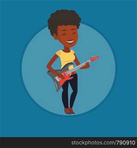 Young african guitarist playing electric guitar. Woman practicing in playing guitar. Guitarist with closed eyes playing on guitar. Vector flat design illustration in the circle isolated on background.. Woman playing electric guitar vector illustration.