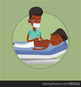 Young african man getting acupuncture treatment in salon. Acupuncturist doctor performing acupuncture therapy on back of customer. Vector flat design illustration in the circle isolated on background.. Acupuncturist doctor making acupuncture therapy.