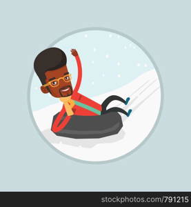 Young african man having fun while sledding on snow rubber tube. Man riding on snow rubber tube. Man sitting in snow rubber tube. Vector flat design illustration in the circle isolated on background.. Man sledding on snow rubber tube in the mountains.