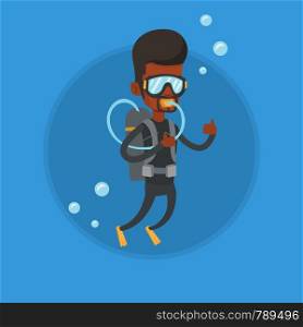 Young african man in diving suit snorkeling and giving thumb up. Man diving with scuba and showing ok sign. Man enjoying the dive. Vector flat design illustration in the circle isolated on background.. Man diving with scuba and showing ok sign.