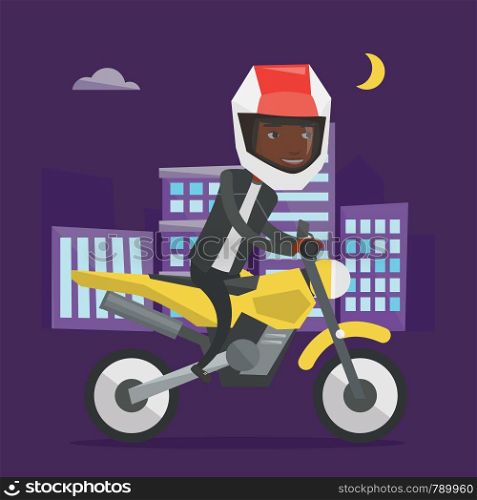 Young african man in helmet riding a motorcycle on the background of night city. Man driving a motorcycle on city road. Man riding a motorcycle at night. Vector flat design illustration. Square layout. African-american man riding motorcycle at night.