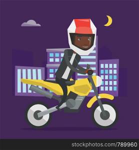 Young african man in helmet riding a motorcycle on the background of night city. Man driving a motorcycle on city road. Man riding a motorcycle at night. Vector flat design illustration. Square layout. African-american man riding motorcycle at night.