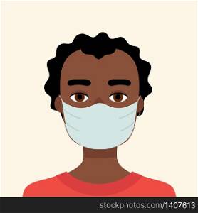 Young African man in medical mask. Concept of protection against viruses, flu, coronavirus. Prevention of an epidemic. Flat vector illustration.