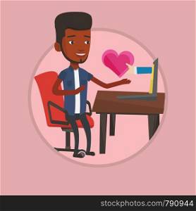 Young african man looking for online date. Man using laptop for dating online. Man dating online and getting virtual love message. Vector flat design illustration in the circle isolated on background.. Young man dating online using laptop.