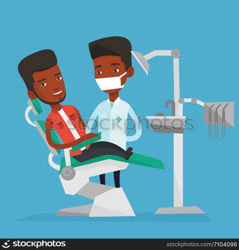 Young african man sitting in dental chair while dentist standing nearby. Doctor and patient in the dental clinic. Patient on reception at the dentist. Vector flat design illustration. Square layout.. Patient and doctor at dentist office.