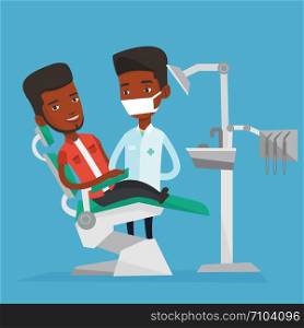Young african man sitting in dental chair while dentist standing nearby. Doctor and patient in the dental clinic. Patient on reception at the dentist. Vector flat design illustration. Square layout.. Patient and doctor at dentist office.