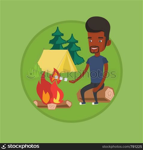 Young african man sitting near campfire with marshmallow. Man roasting marshmallow over campfire. Tourist relaxing near campfire. Vector flat design illustration in the circle isolated on background.. Businessman roasting marshmallow over campfire.