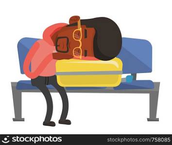 Young african man sleeping on luggage in airport. Man sleeping on suitcase at airport. Man waiting for a flight and sleeping on suitcase. Vector flat design illustration isolated on white background.. Exhausted man sleeping on suitcase at airport.