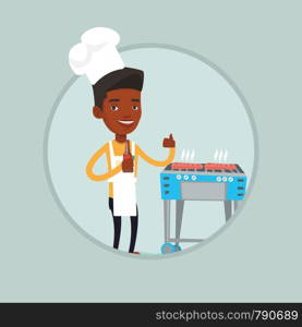 Young african man with bottle in hand cooking meat on gas barbecue grill and giving thumb up. Man cooking steak on barbecue grill. Vector flat design illustration in the circle isolated on background.. Man cooking steak on gas barbecue grill.