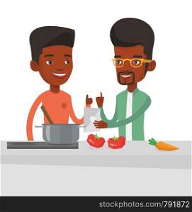 Young african men following recipe for healthy vegetable meal on digital tablet. Men cooking healthy meal. Men having fun cooking together. Vector flat design illustration isolated on white background. Men cooking healthy vegetable meal.