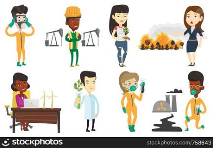 Young african oil worker in uniform and helmet. Oil worker standing with crossed arms. Man standing on the background of oil rig. Set of vector flat design illustrations isolated on white background.. Vector set of characters on ecology issues.