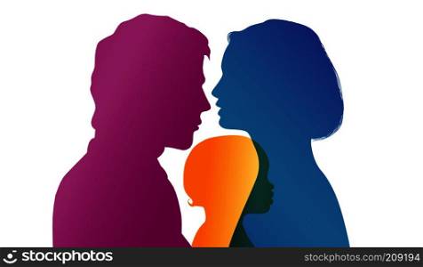Young African or African-American parents adopt an African or African American child. Adoption. Vector color profile silhouette