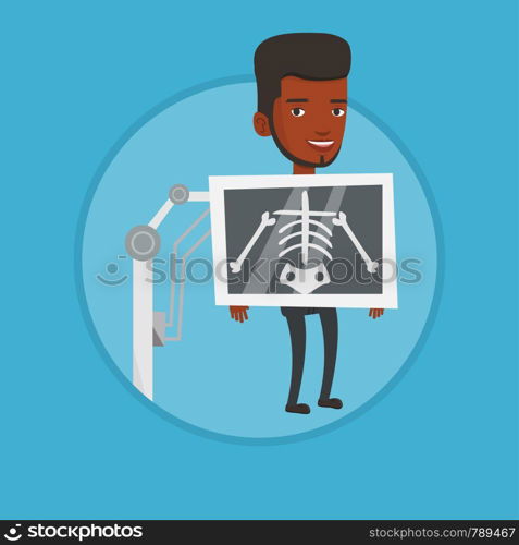 Young african patient during chest x ray procedure. Man with x ray screen showing his skeleton. Patient visiting roentgenologist. Vector flat design illustration in the circle isolated on background.. Patient during x ray procedure vector illustration