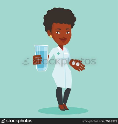 Young african pharmacist holding a glass of water and pills in hands. Smiling female pharmacist in medical gown. Female pharmacist giving medication. Vector flat design illustration. Square layout.. Pharmacist giving pills and glass of water.