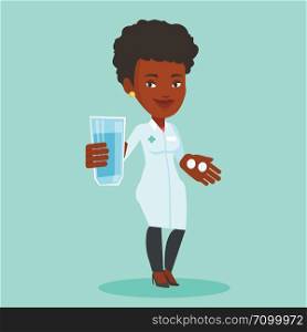 Young african pharmacist holding a glass of water and pills in hands. Smiling female pharmacist in medical gown. Female pharmacist giving medication. Vector flat design illustration. Square layout.. Pharmacist giving pills and glass of water.