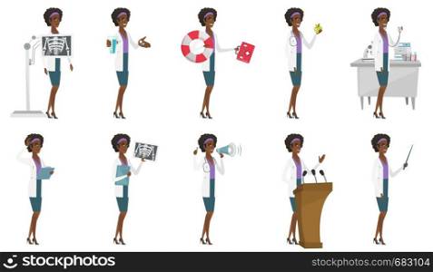 Young african roentgenologist doctor during chest x ray procedure. Roentgenologist doctor with x ray screen showing her skeleton. Set of vector flat design illustrations isolated on white background.. Vector set of doctor characters.