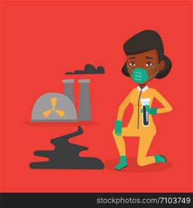Young african scientist in gas mask and radiation protective suit holding a test-tube with black liquid on the background of nuclear power plant. Vector flat design illustration. Square layout.. Laboratory assistant with test tube.